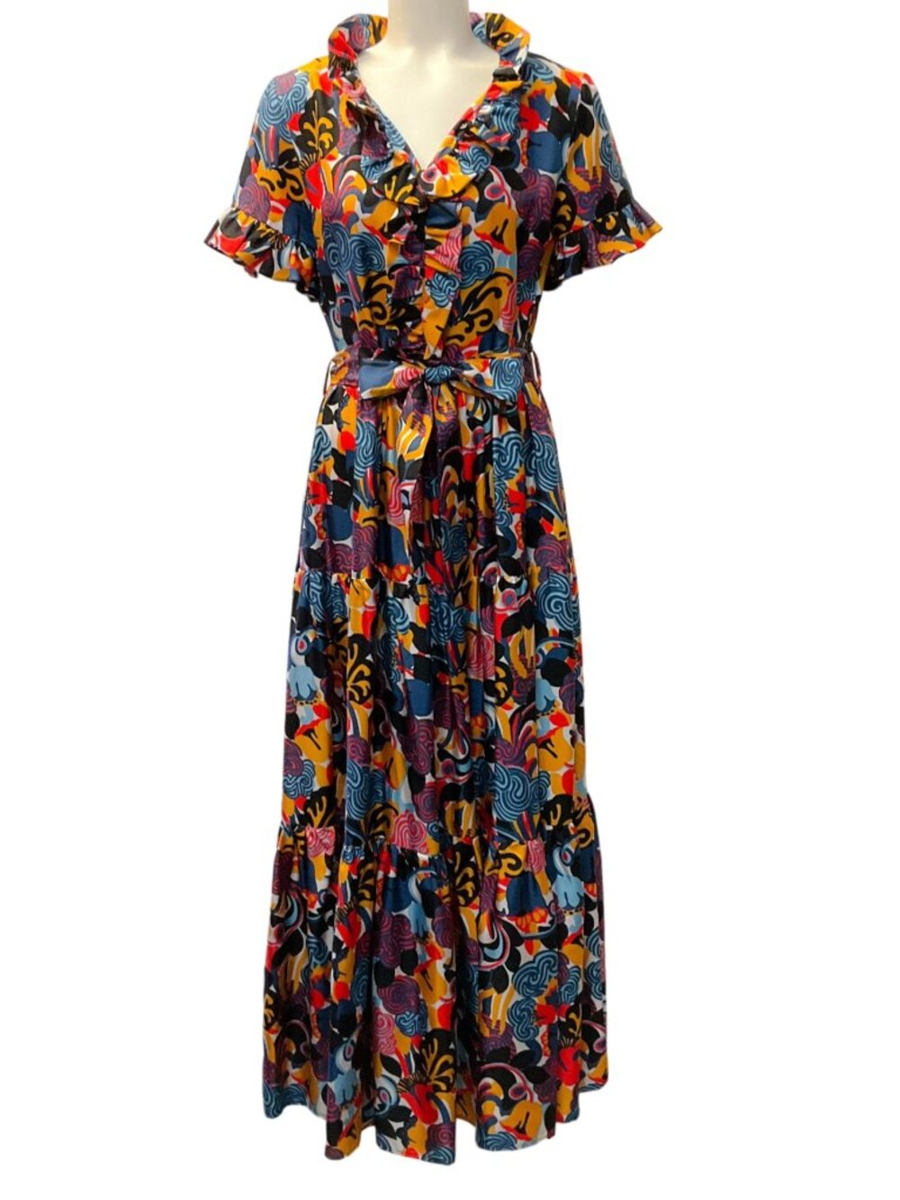La DoubleJ Multi Silk Ruffled Midi Dress
